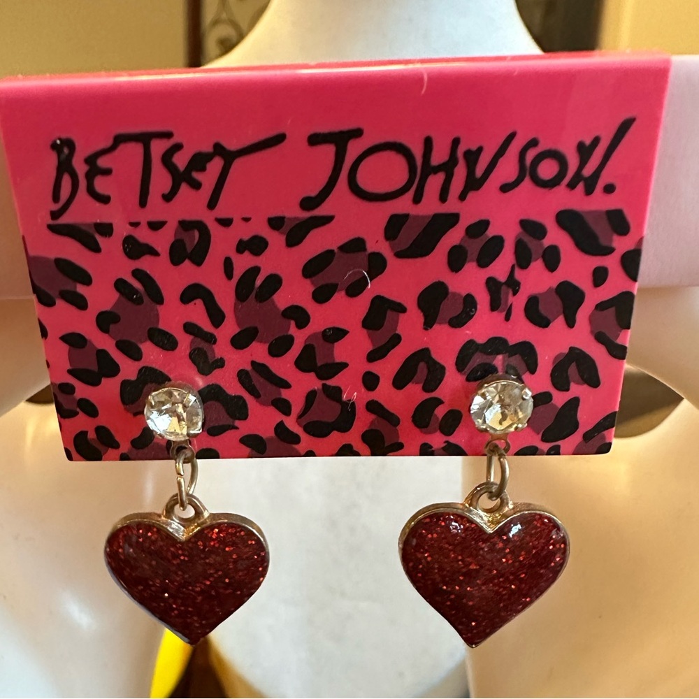 Betsy Johnson Red Heart Pierced Earrings with Dangling Sparkling Hearts NWT